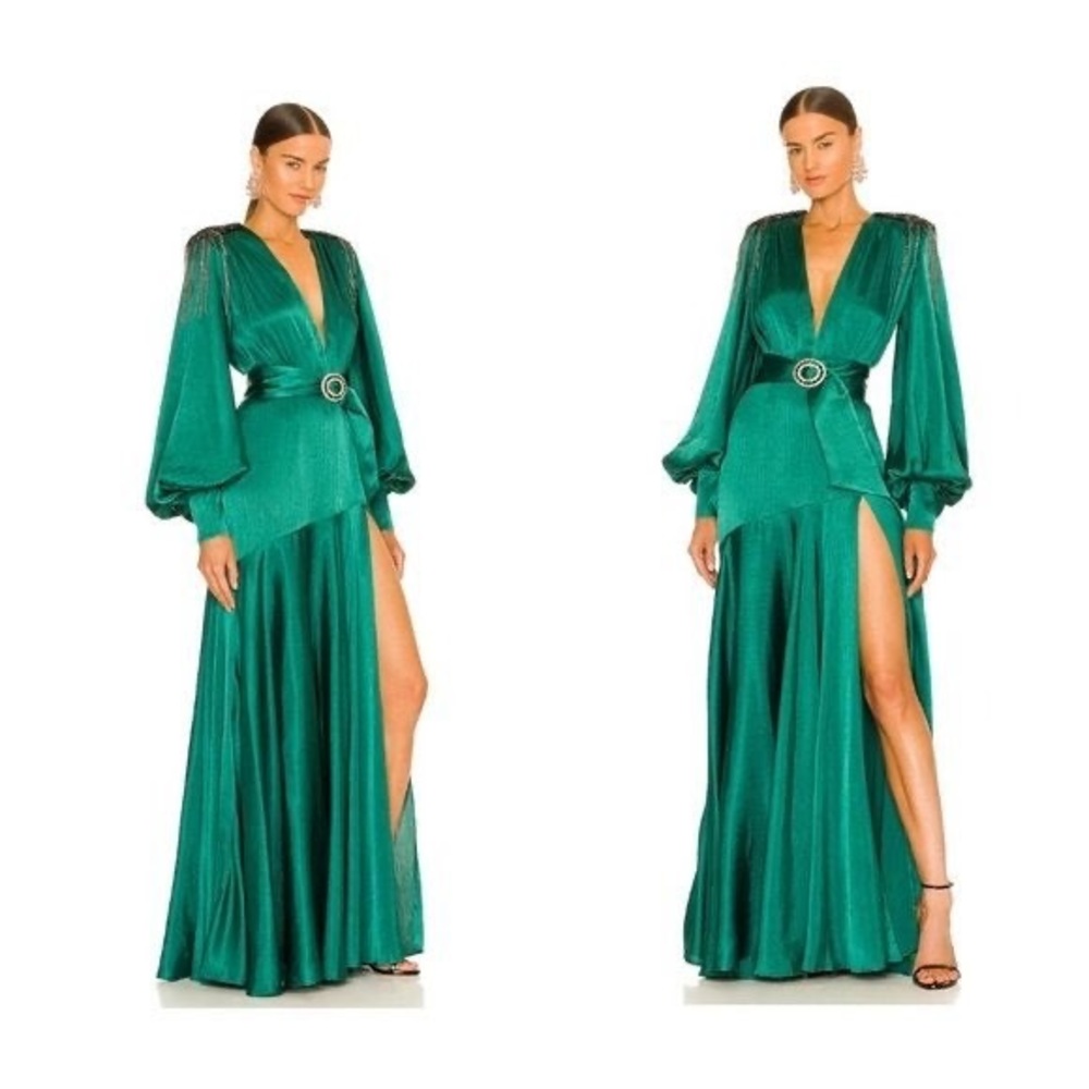 Bronx and Banco Emerald Green Satin Maxi Dress with Long Sleeves